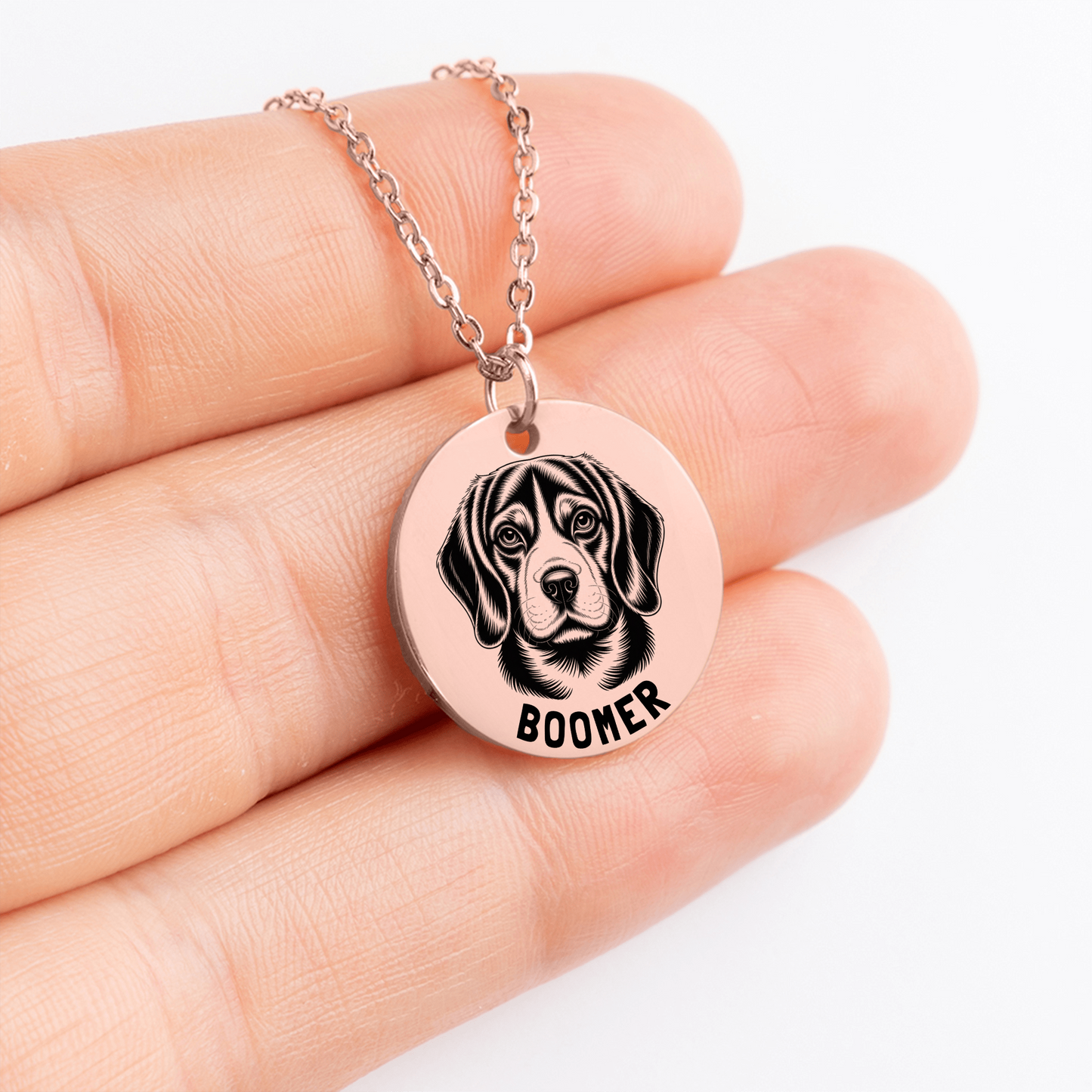 Personalized engraved Beagle rose gold necklace in a jewelry box with a sweet message card.