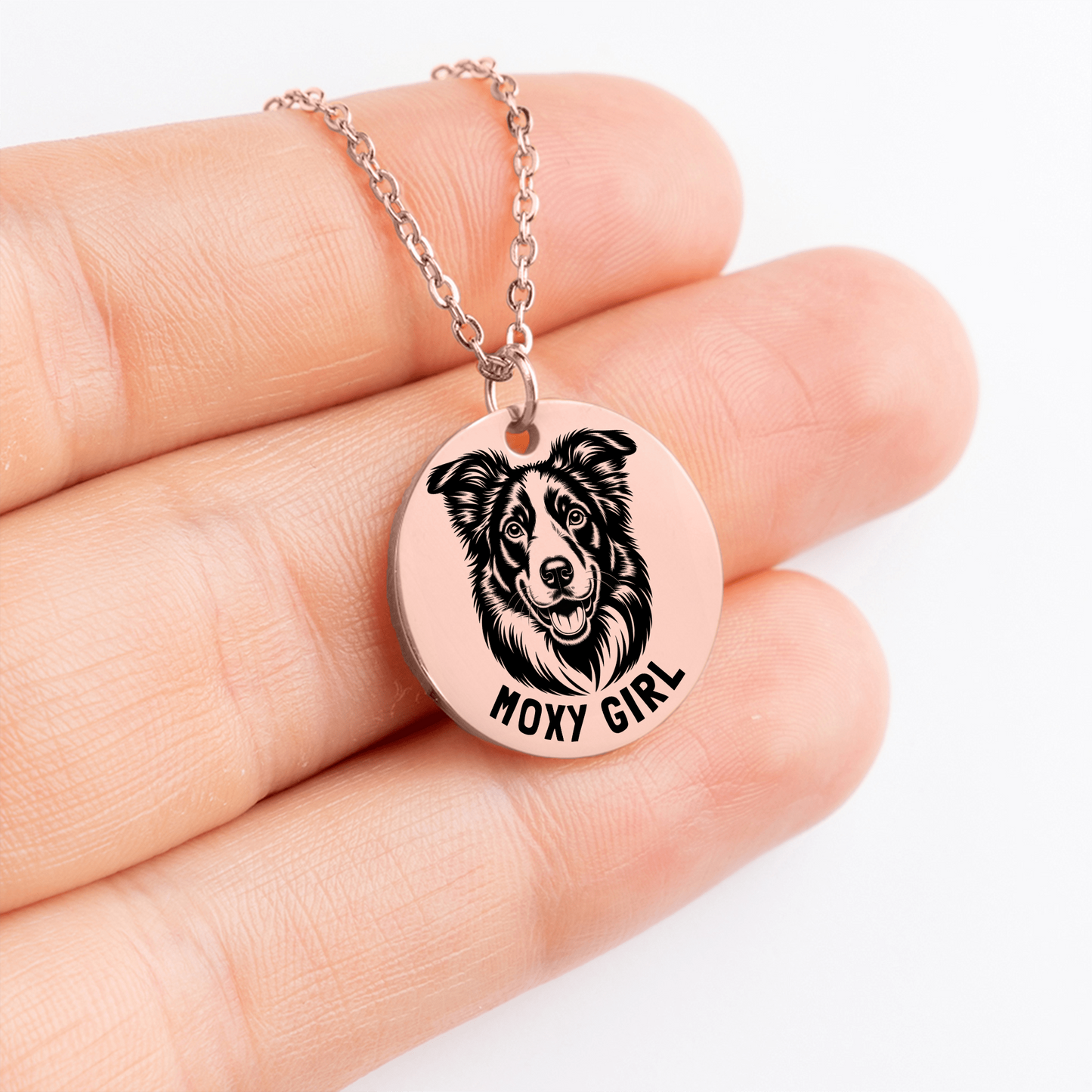 Personalized engraved Border Collie rose gold necklace in a jewelry box with a sweet message card.