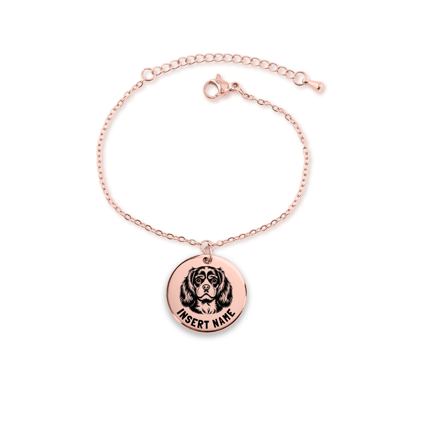 Personalized engraved Cavalier King Dog rose gold bracelet in a jewelry box with a loving message card..