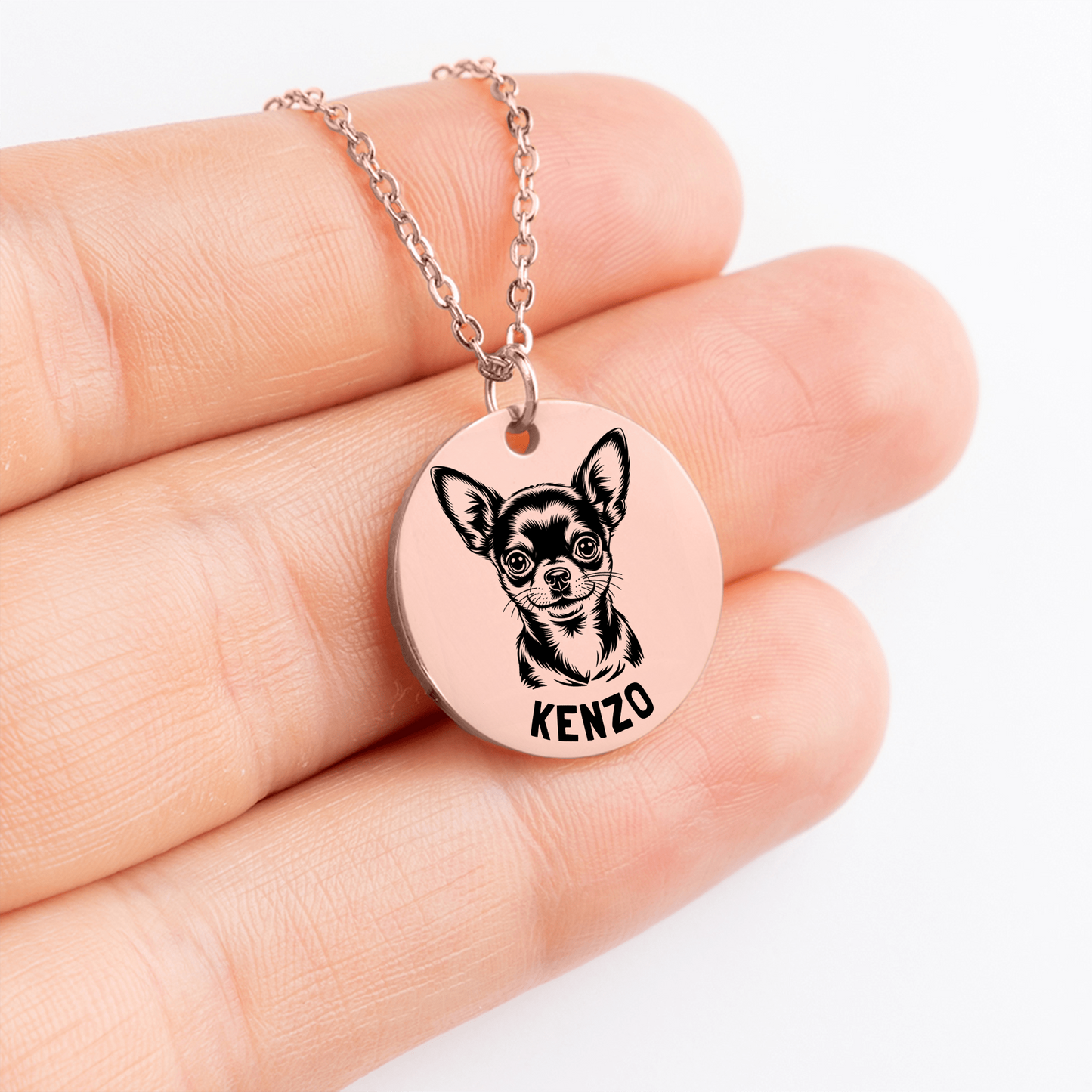 Personalized engraved Chihuahua rose gold necklace in a jewelry box with a sweet message card.