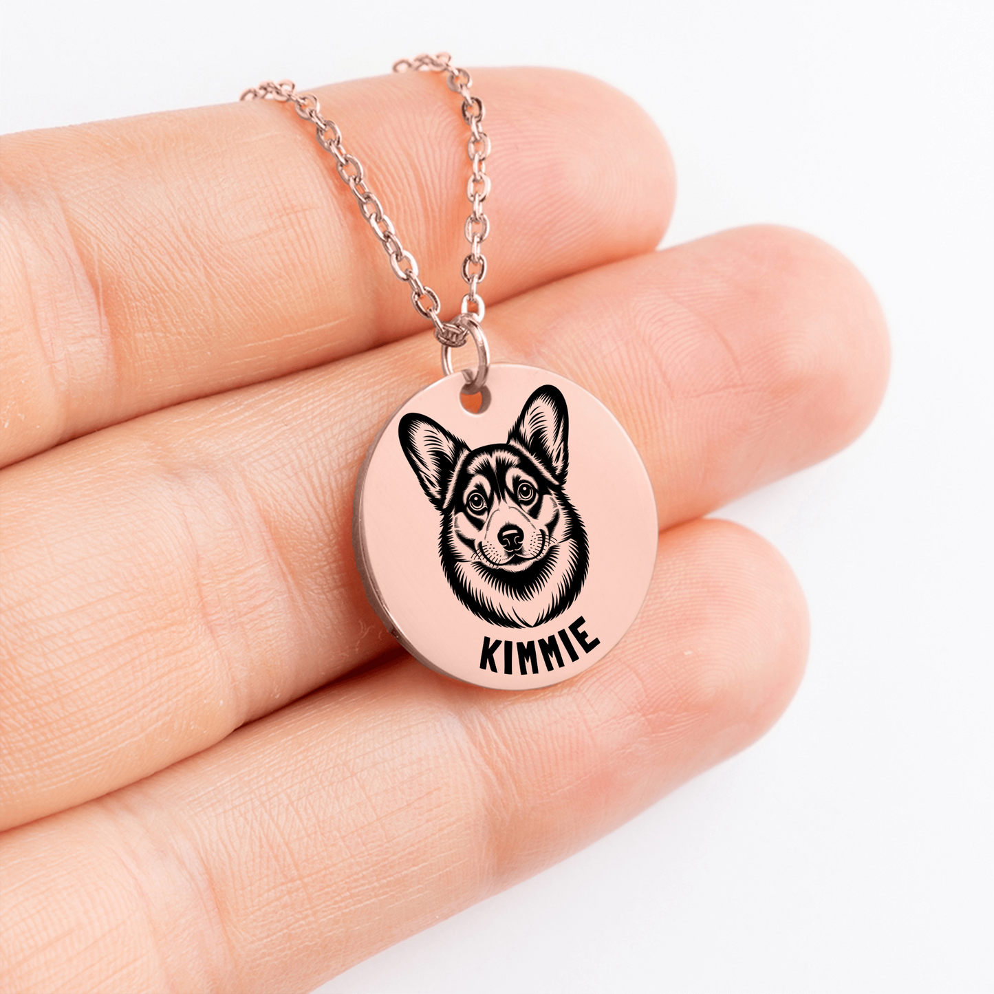 Personalized engraved Corgi rose gold necklace in a jewelry box with a sweet message card..