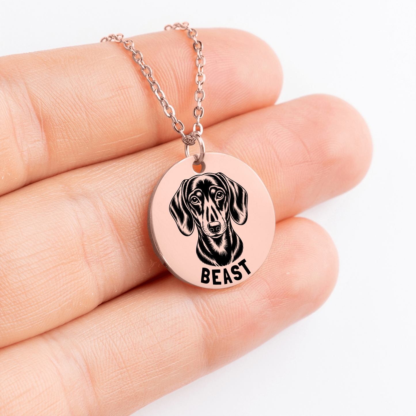 Personalized engraved Dachshund rose gold necklace in a jewelry box with a sweet message card.
