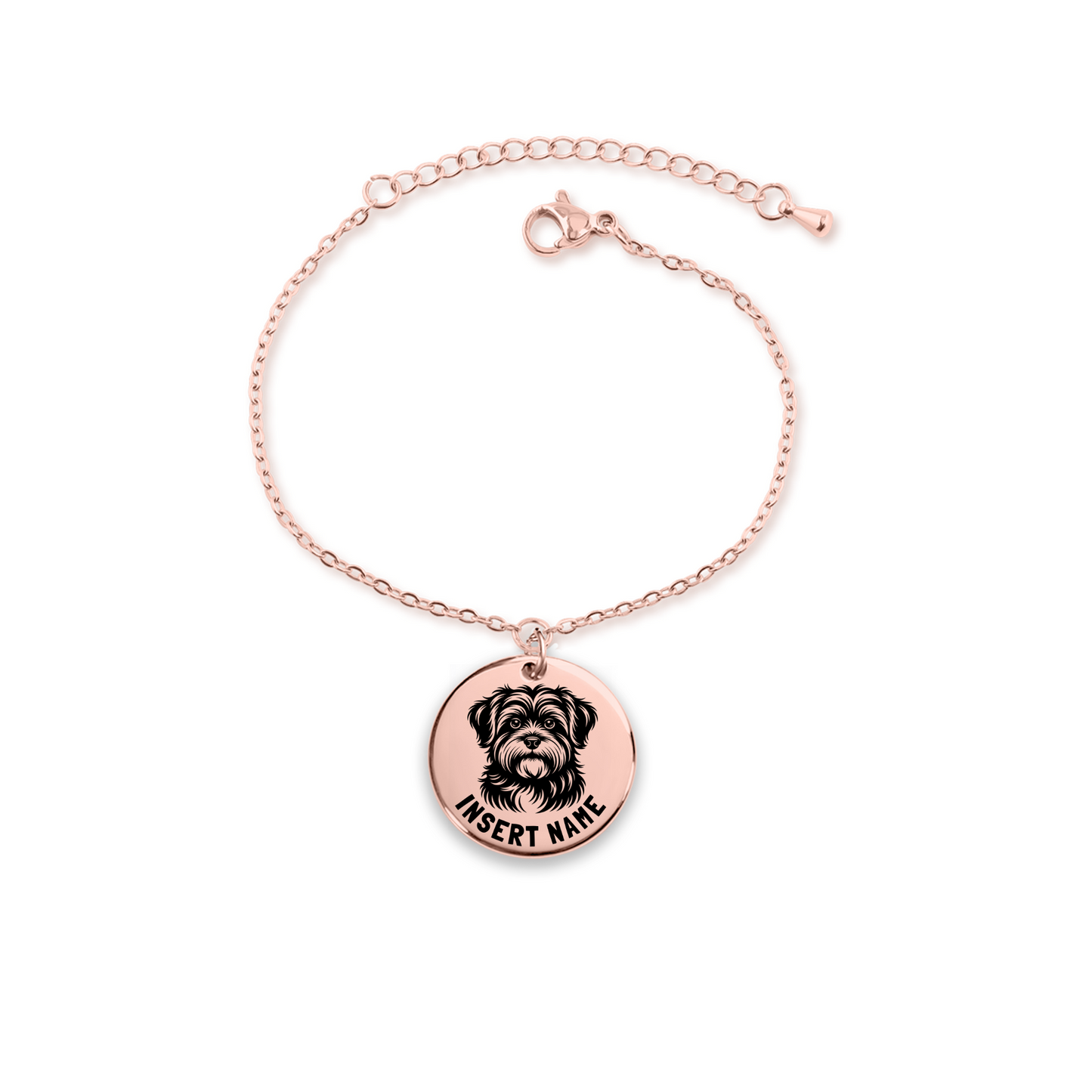 Personalized engraved Havanese Dog rose gold bracelet in a jewelry box with a loving message card..