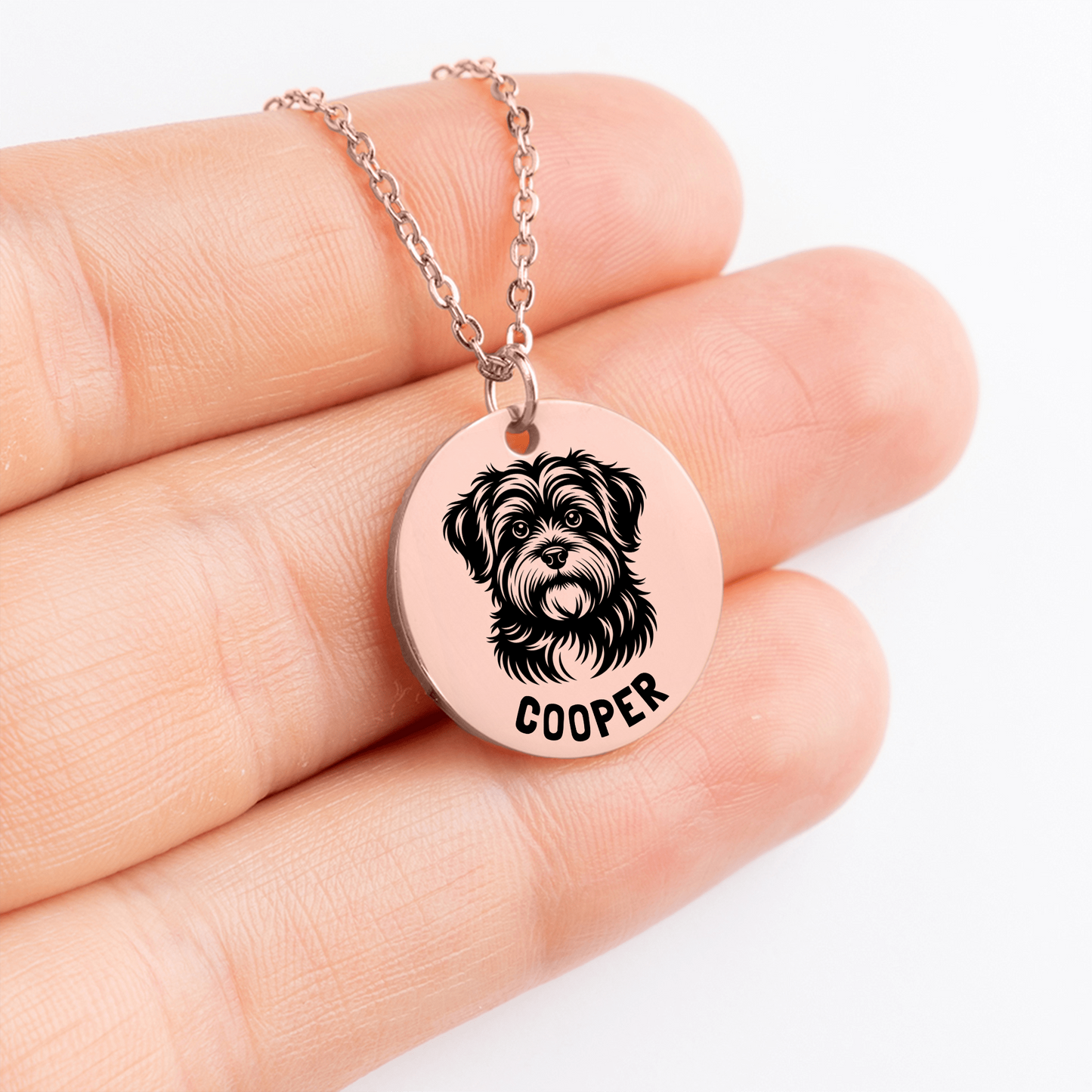 Personalized engraved Havanese rose gold necklace in a jewelry box with a sweet message card.
