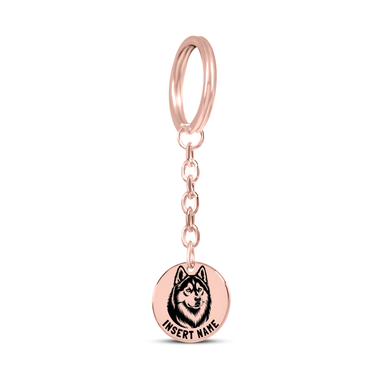 Personalized engraved Husky rose gold keychain in a jewelry box with a loving message card 2..