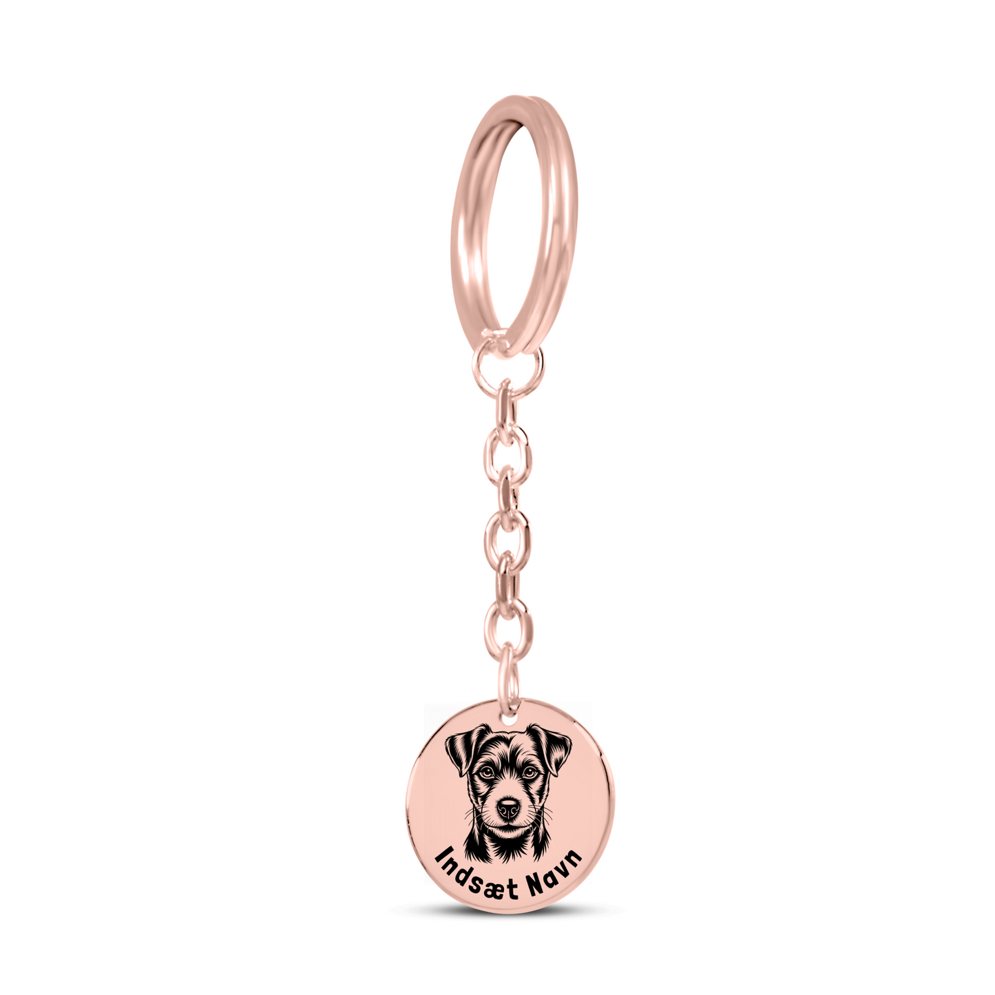 Personalized engraved Jack Russel Terrier rose gold keychain in a jewelry box with a loving message card..