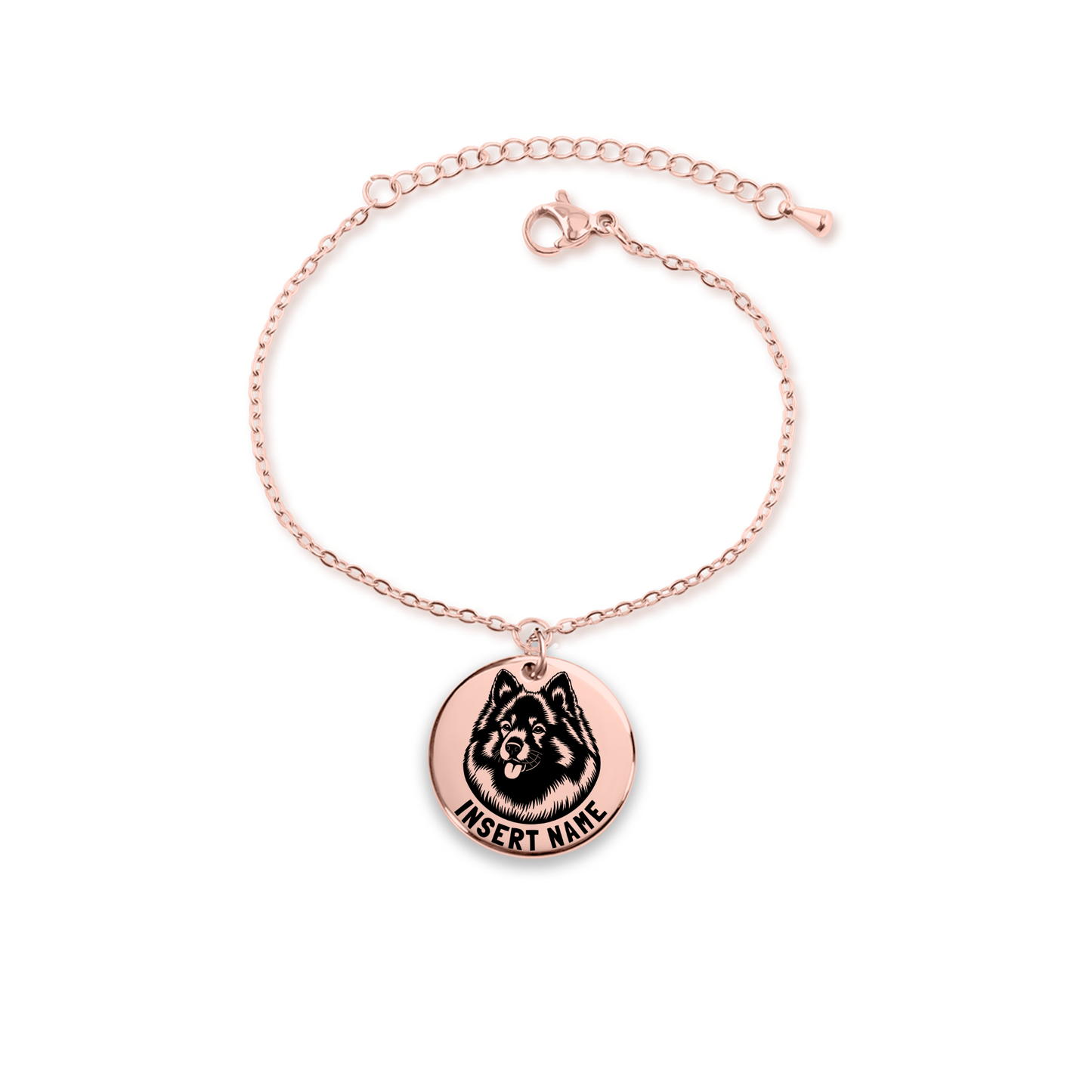Personalized engraved Keeshond Dog rose gold bracelet in jewelry box with loving message card 3..