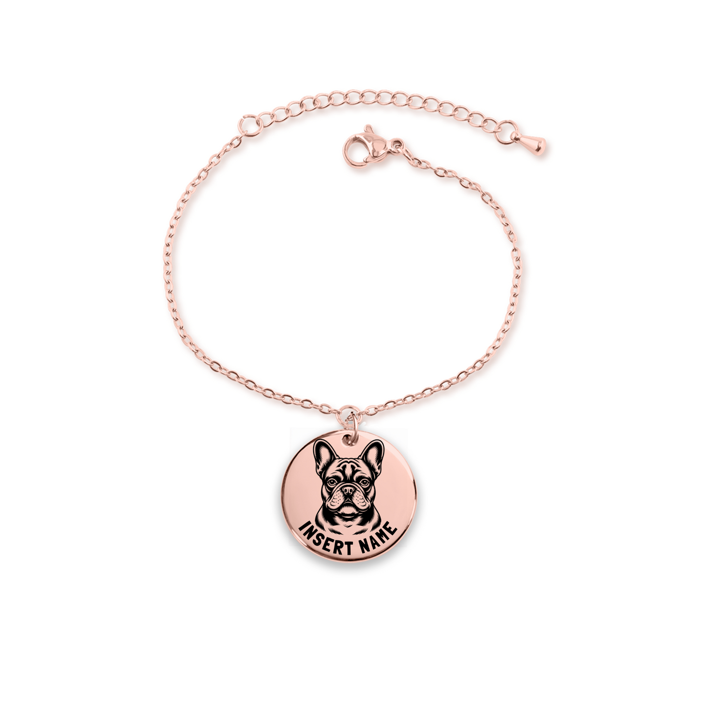 Personalized engraved Keeshond French Bulldog rose gold bracelet in jewelry box with loving message card..