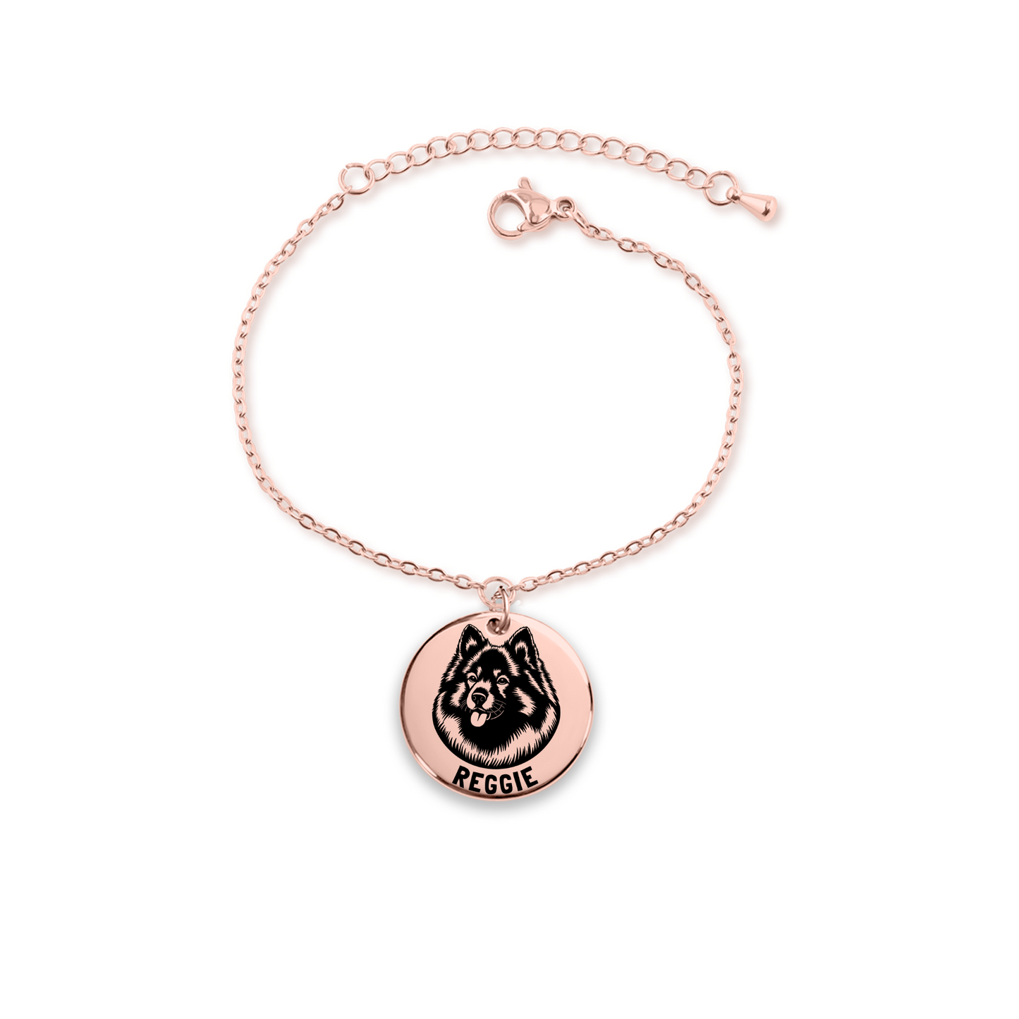 Personalized engraved Keeshond rose gold bracelet in a jewelry box with a sweet message card