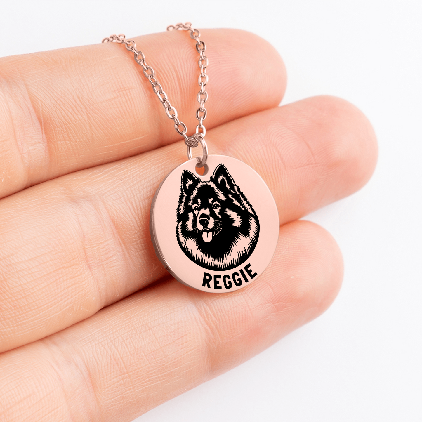 Personalized engraved Keeshond rose gold necklace in a jewelry box with a sweet message card 6.