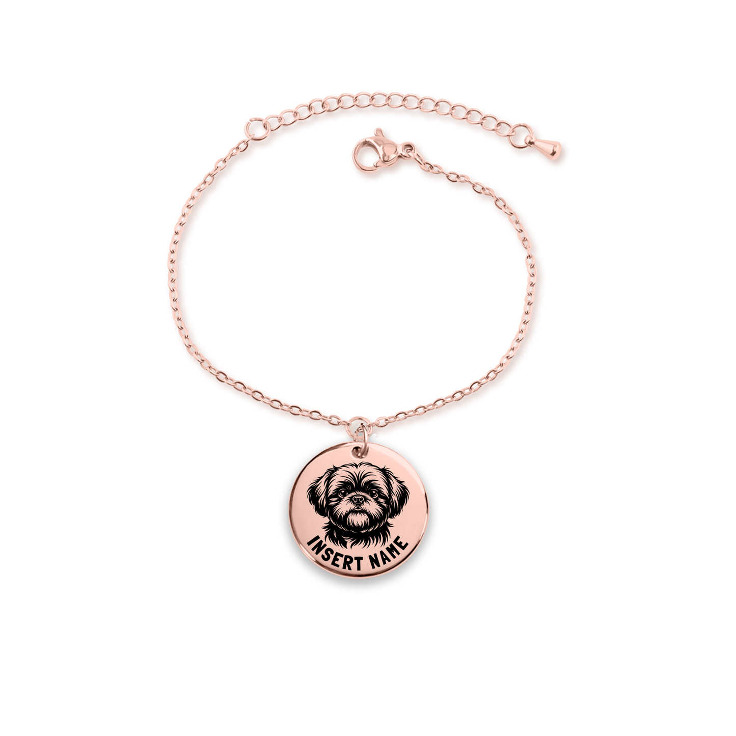 Personalized engraved Shih Tsu rose gold bracelet in a jewelry box with a loving message card.