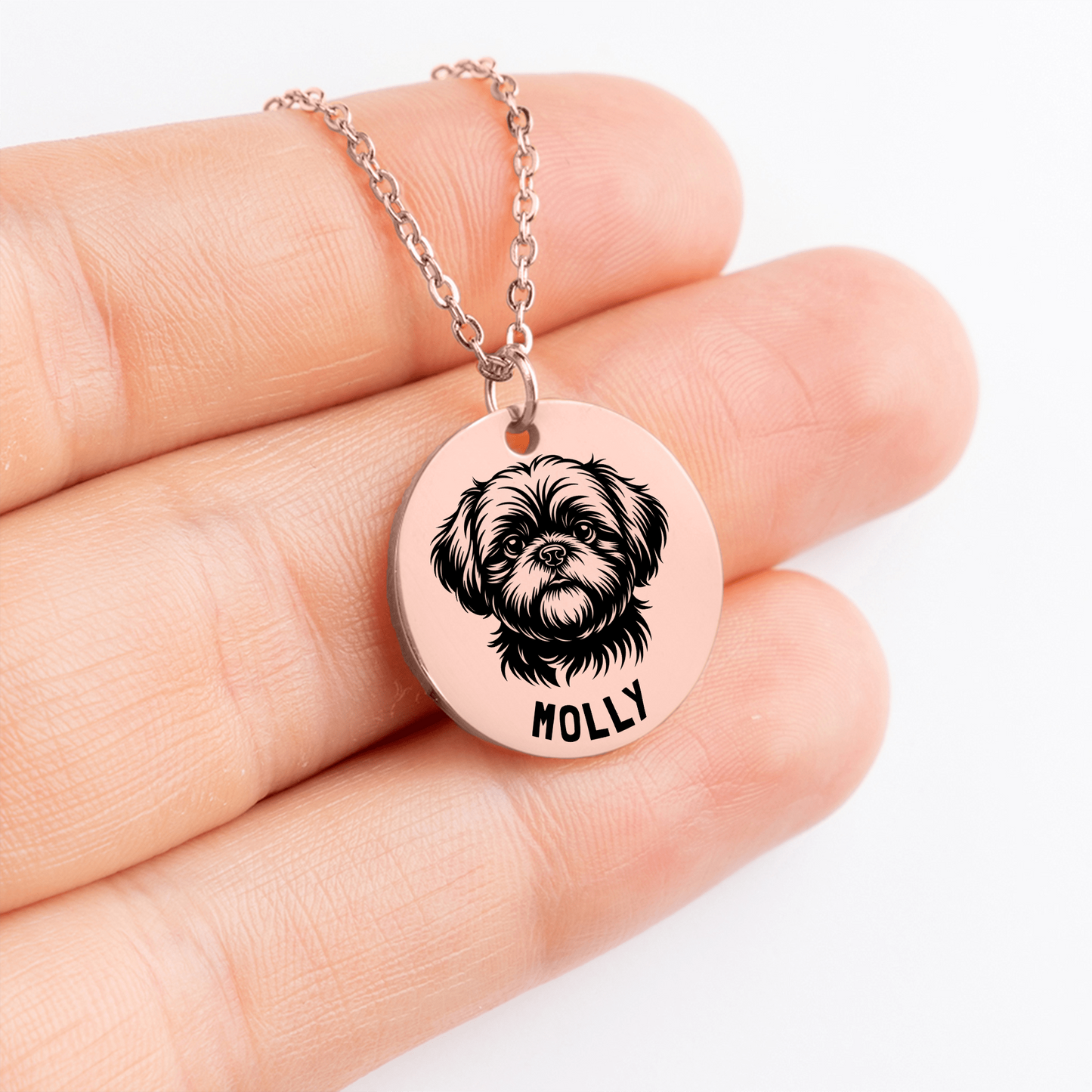 Personalized engraved Shih Tzu rose gold necklace in a jewelry box with a sweet message card.