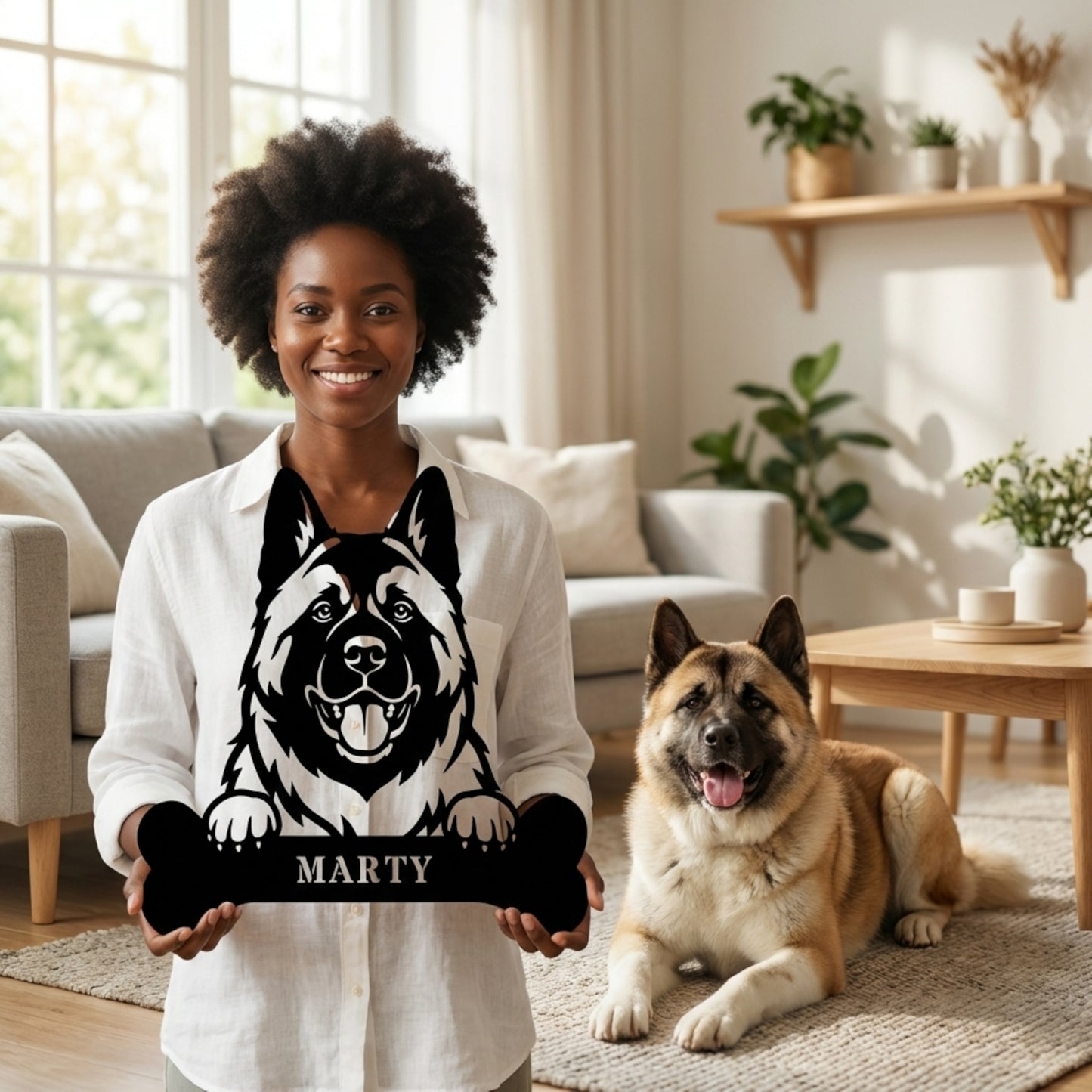 Personalized American Akita With Bone. Custom Dog Name Metal Sign