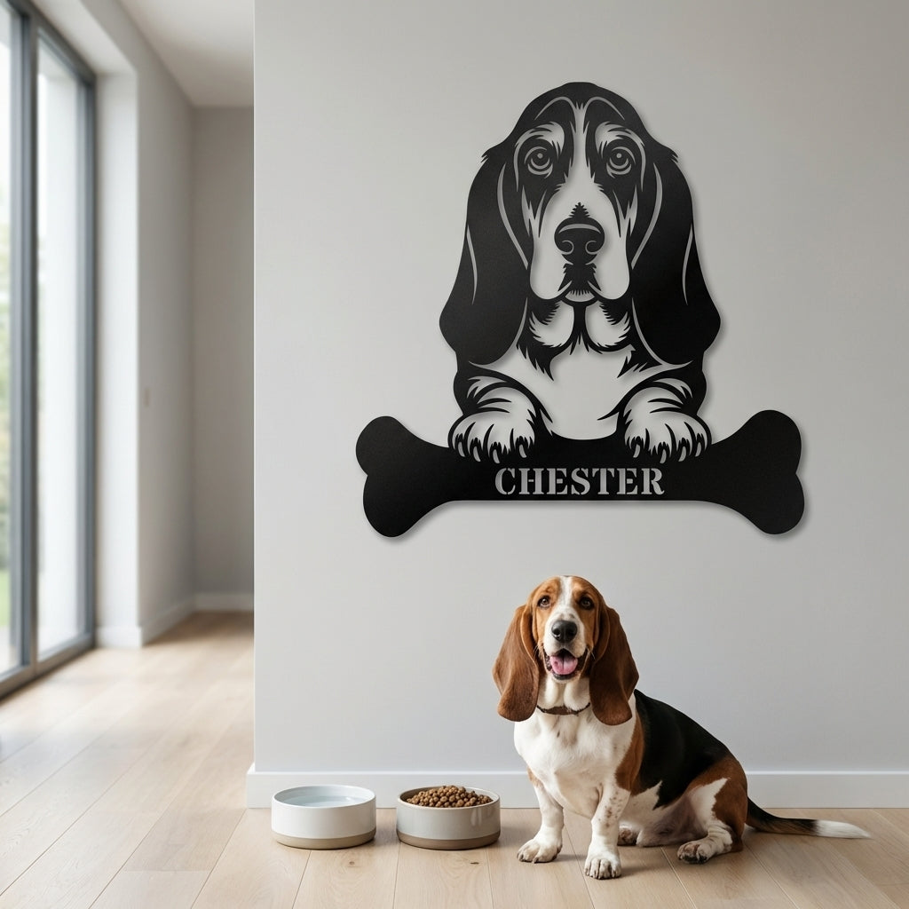 Personalized Basset Hound With Bone Metal Sign. Funny Peek-a-boo dog Wall Decor