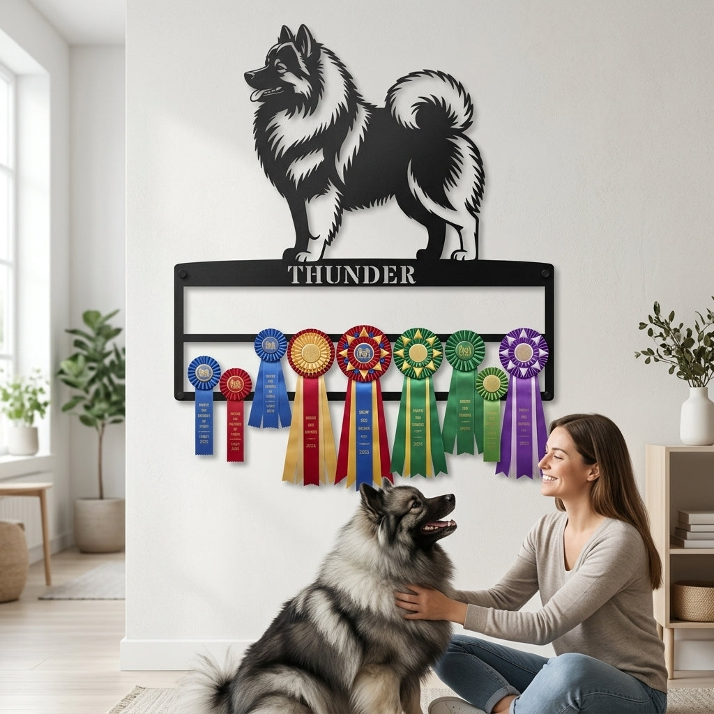 Personalized Keeshond Rosette Metal Sign Display. Custom Wolfspitz Champion Wall Decor.