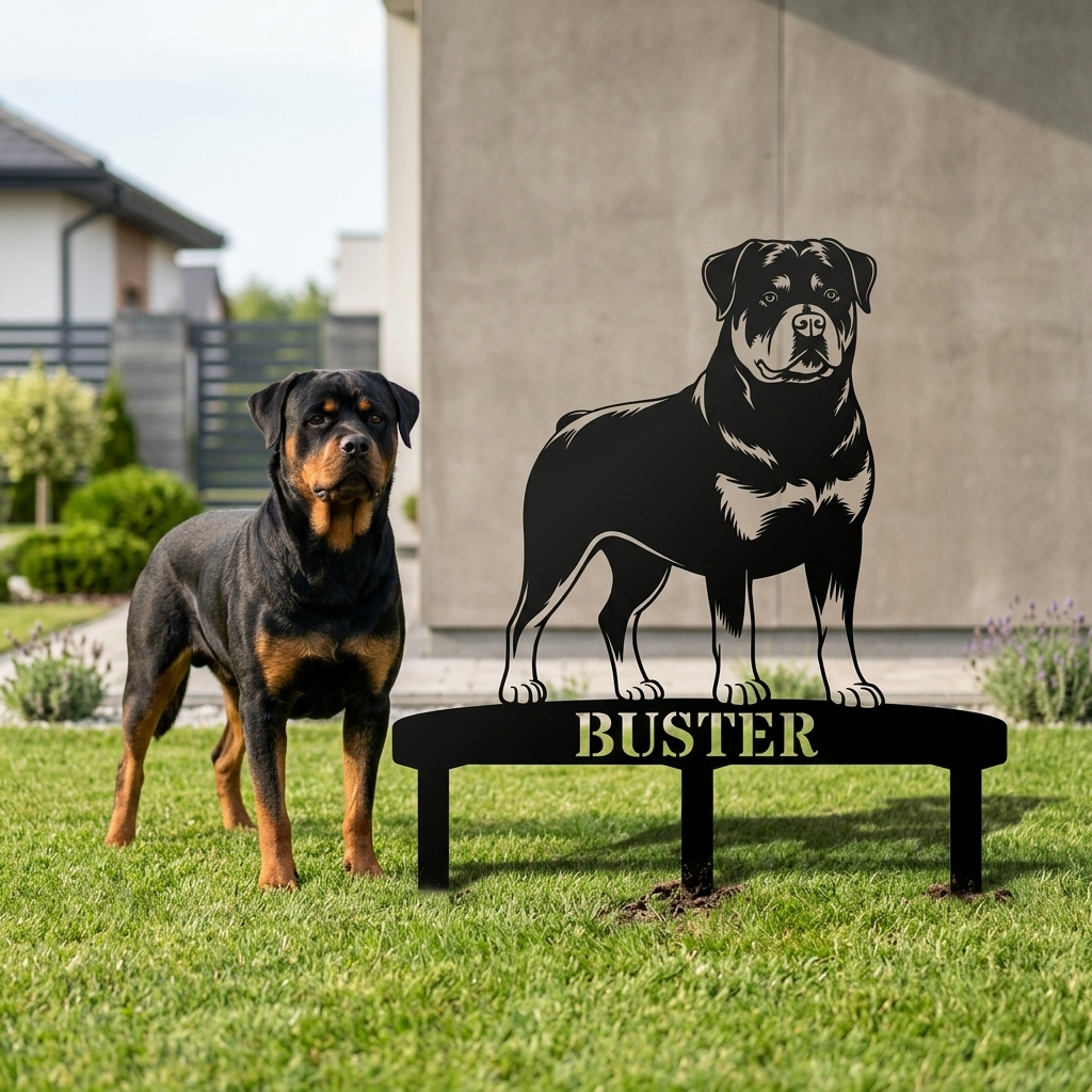 Personalized Rottweiler Garden Metal Sign With Stakes. Custom Dog Name Remembrance Gift