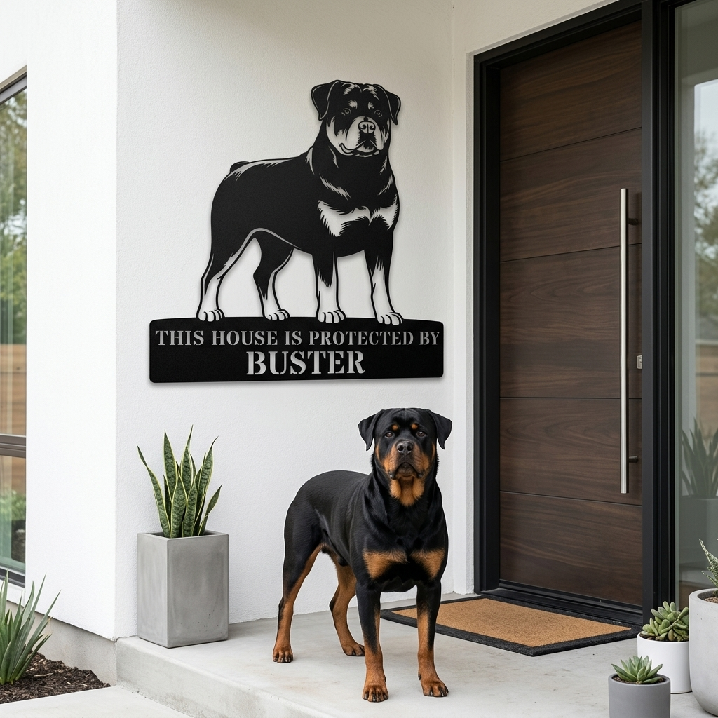 Personalized Rottweiler Guard Name Metal Sign. Custom Dog Protect Decor