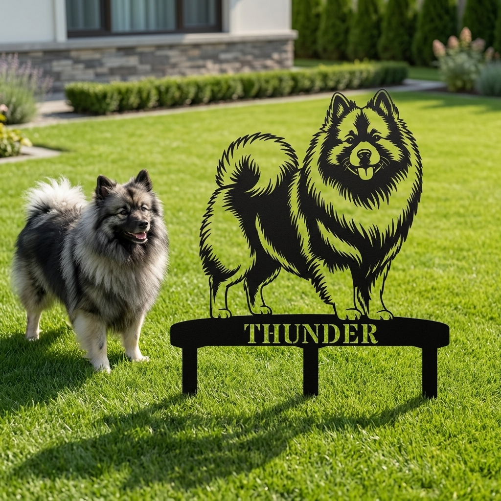 Personalized Keeshond Garden Metal Sign With Stakes. Custom Dog Lover Name Gift