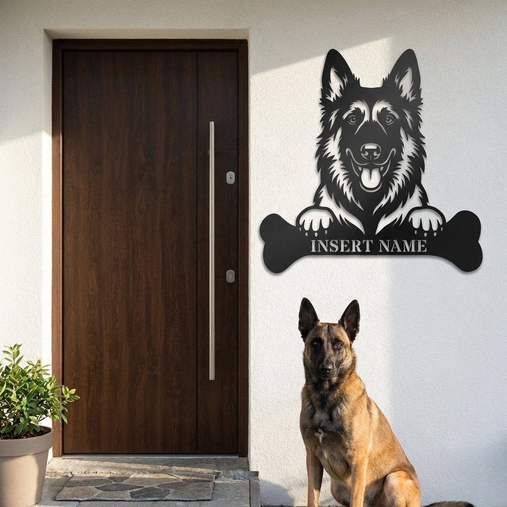 Personalized Belgian Shepherd With Bone Metal Sign. Funny Peek-a-boo dog Wall Decor