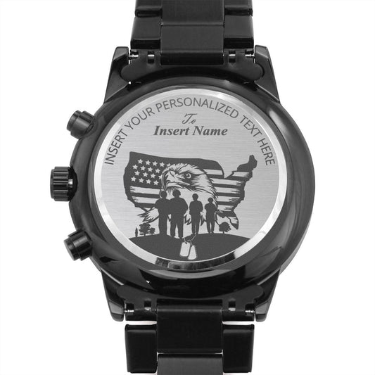 Personalized Patriotic US Eagle Military Metal Watch. Customizable Veteran Men's Wristwatch. Laser Engraved Name Gift For American Soldier