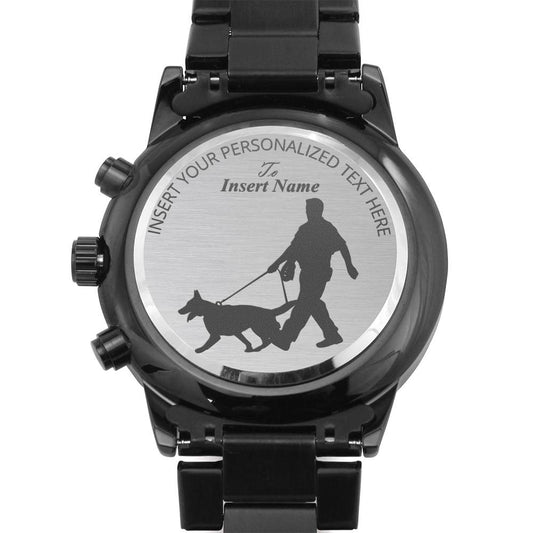 Personalized K-9 Police Officer Laser-Engraved Metal Watch. Custom Policeman Jewelry Gift. Mens Wristwatch. First Responder. Back The Blue