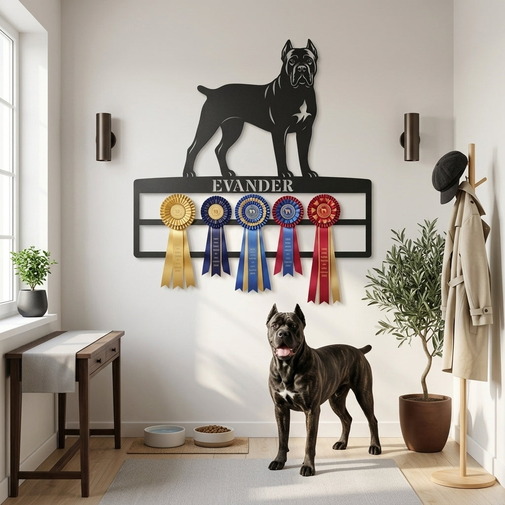 Personalized Cane Corso Rosette Name Metal Sign. Custom Dog Champion Ribbon Display