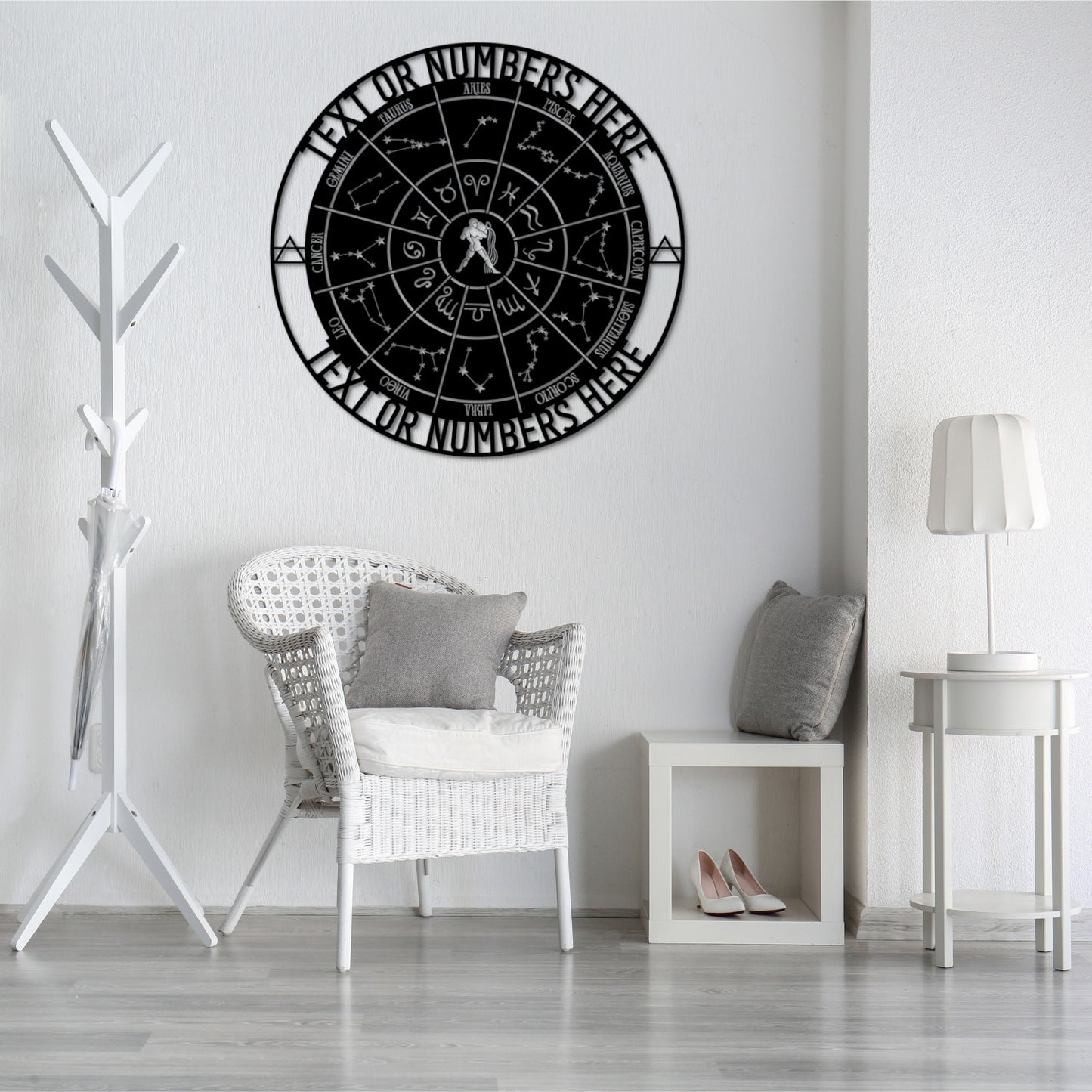 24 Inch Personalized Aquarius Zodiac Wheel Metal Sign Decor In Black With Custom Text
