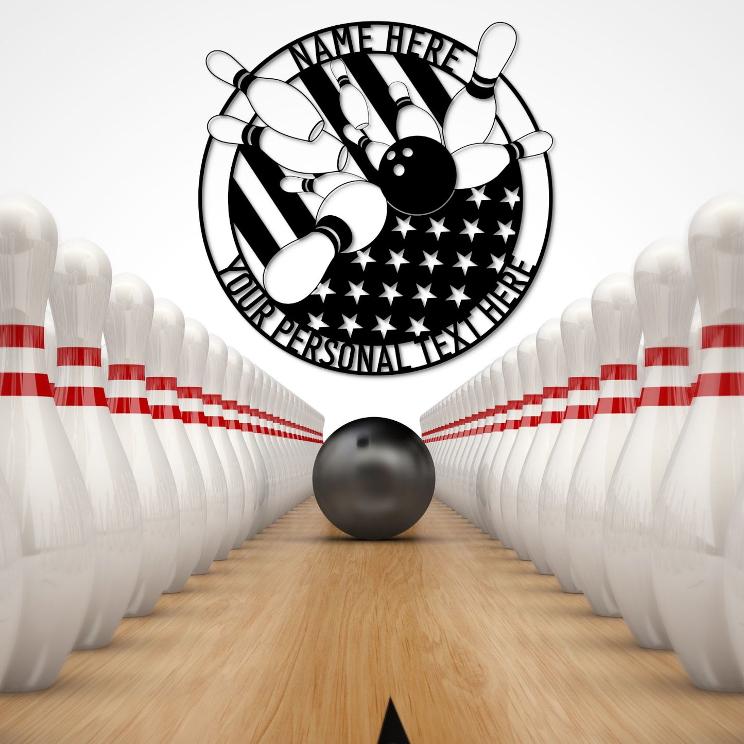 24 Inch Personalized Bowling Strike Name Metal Sign Decor In Black With Custom Text