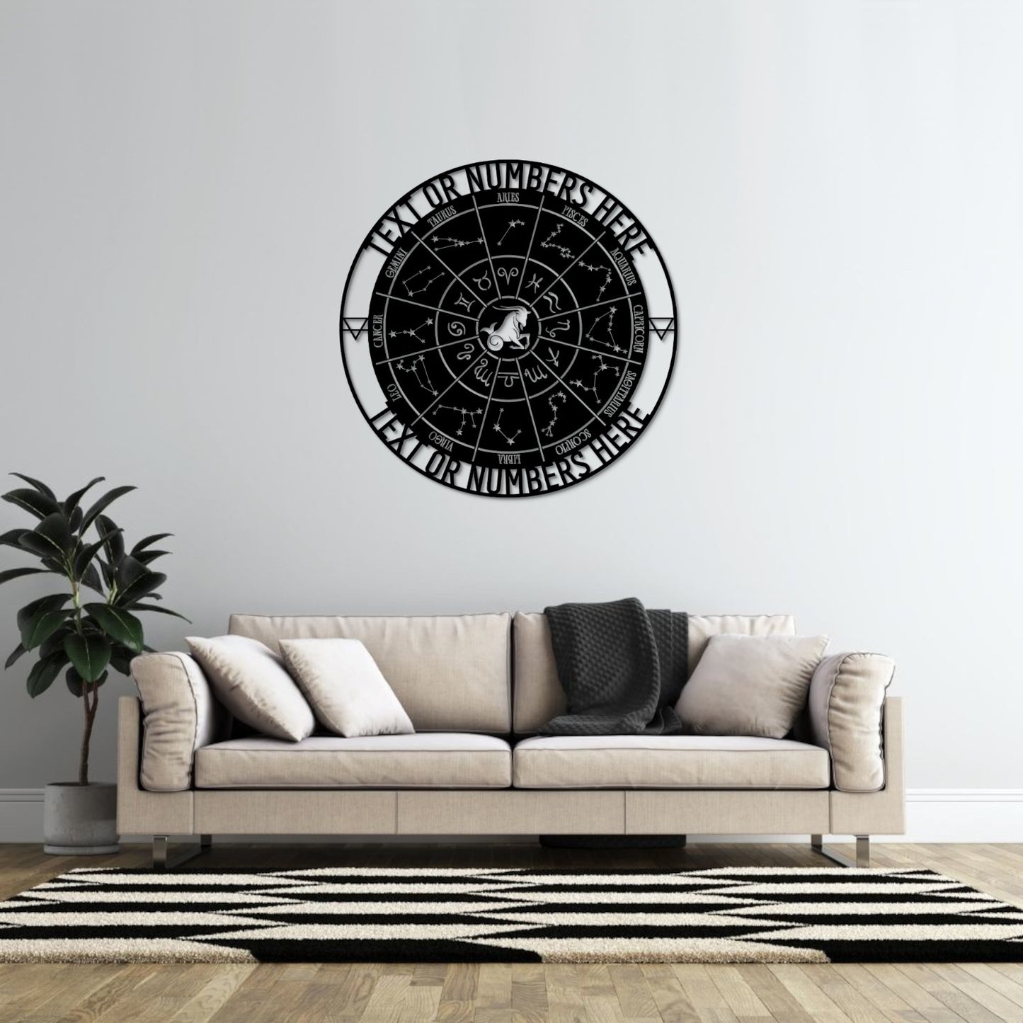24 Inch Personalized Capricorn Zodiac Wheel Metal Sign Decor In Black ith Custom Text