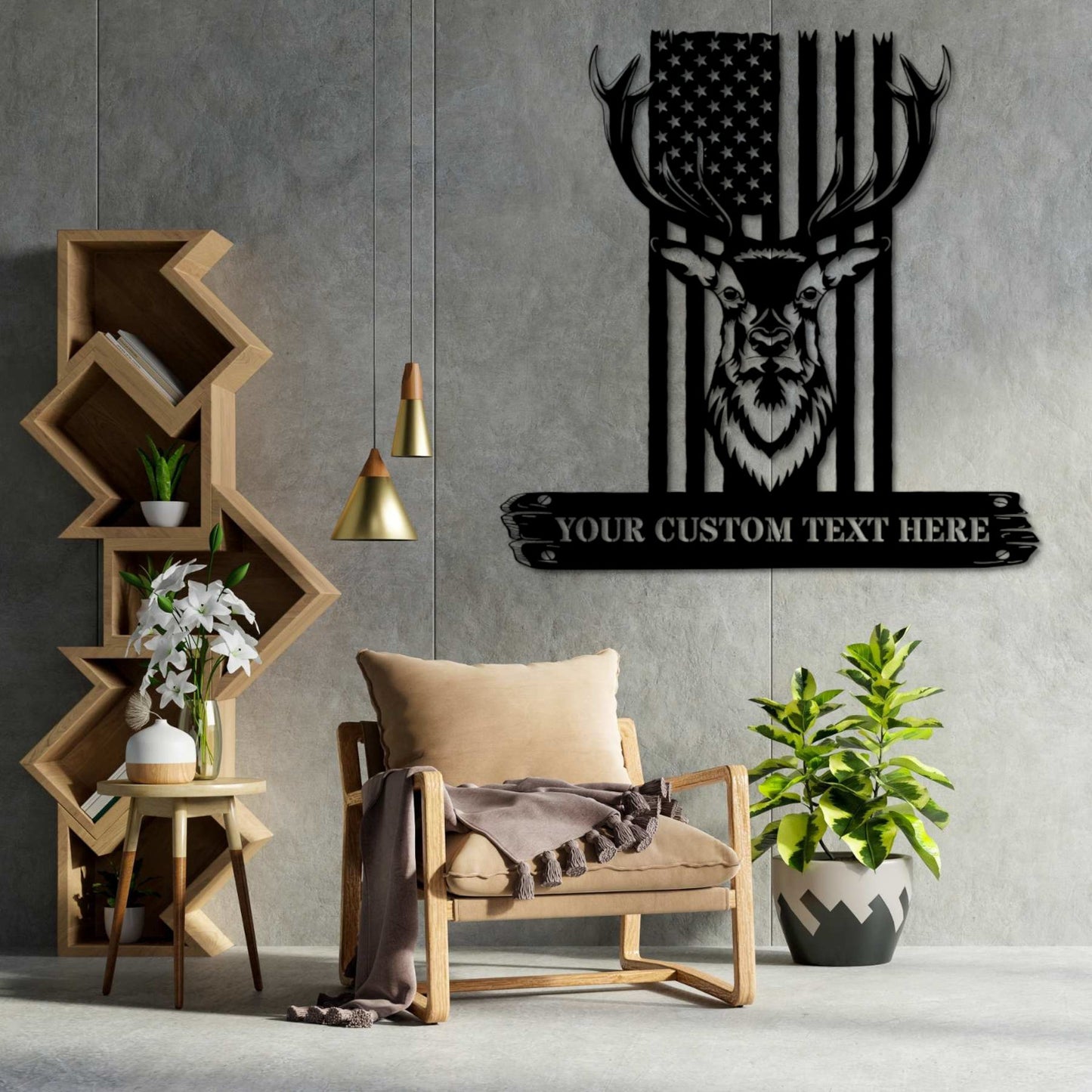 24 Inch Personalized Deer Hunting Metal Sign Decor In Black With Custom Text And American Flag
