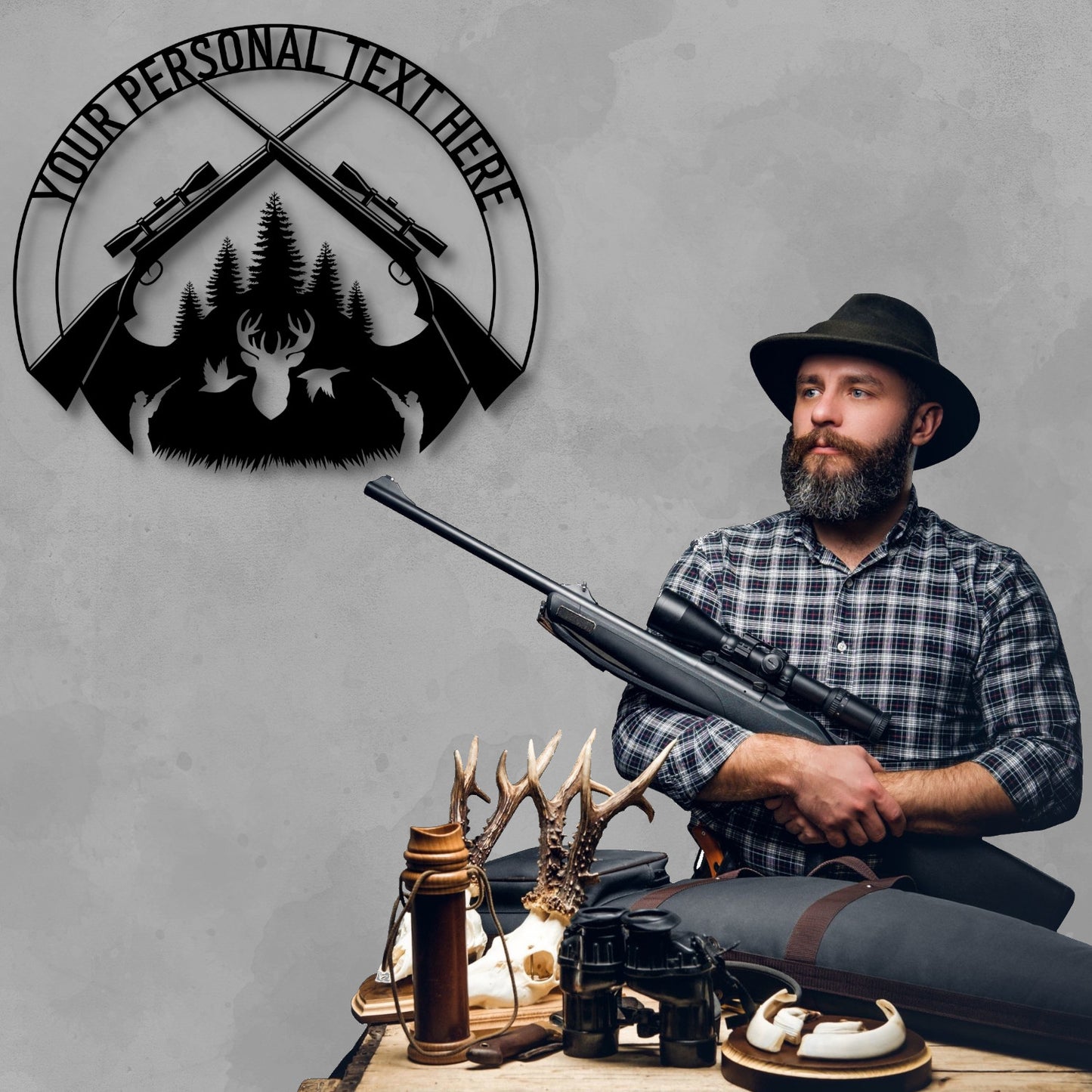 24 Inch Personalized Hunting Cabin Name Metal Sign Decor In Black With Custom Text