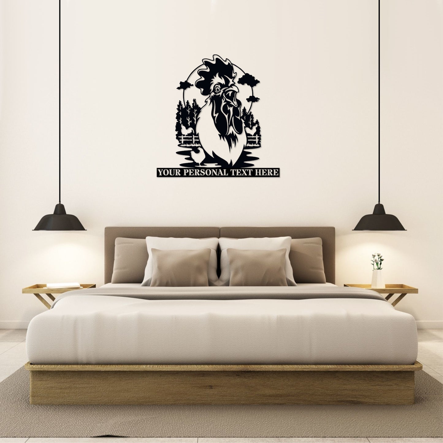 30 Inch Personalized Farm Ranch Rooster Name Metal Sign Decor In Black With Custom Text