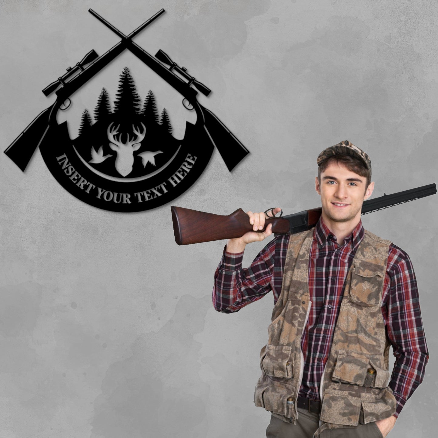 30 Inch Personalized Hunting Deer & Duck Name Metal Sign Decor In Black With Custom Text