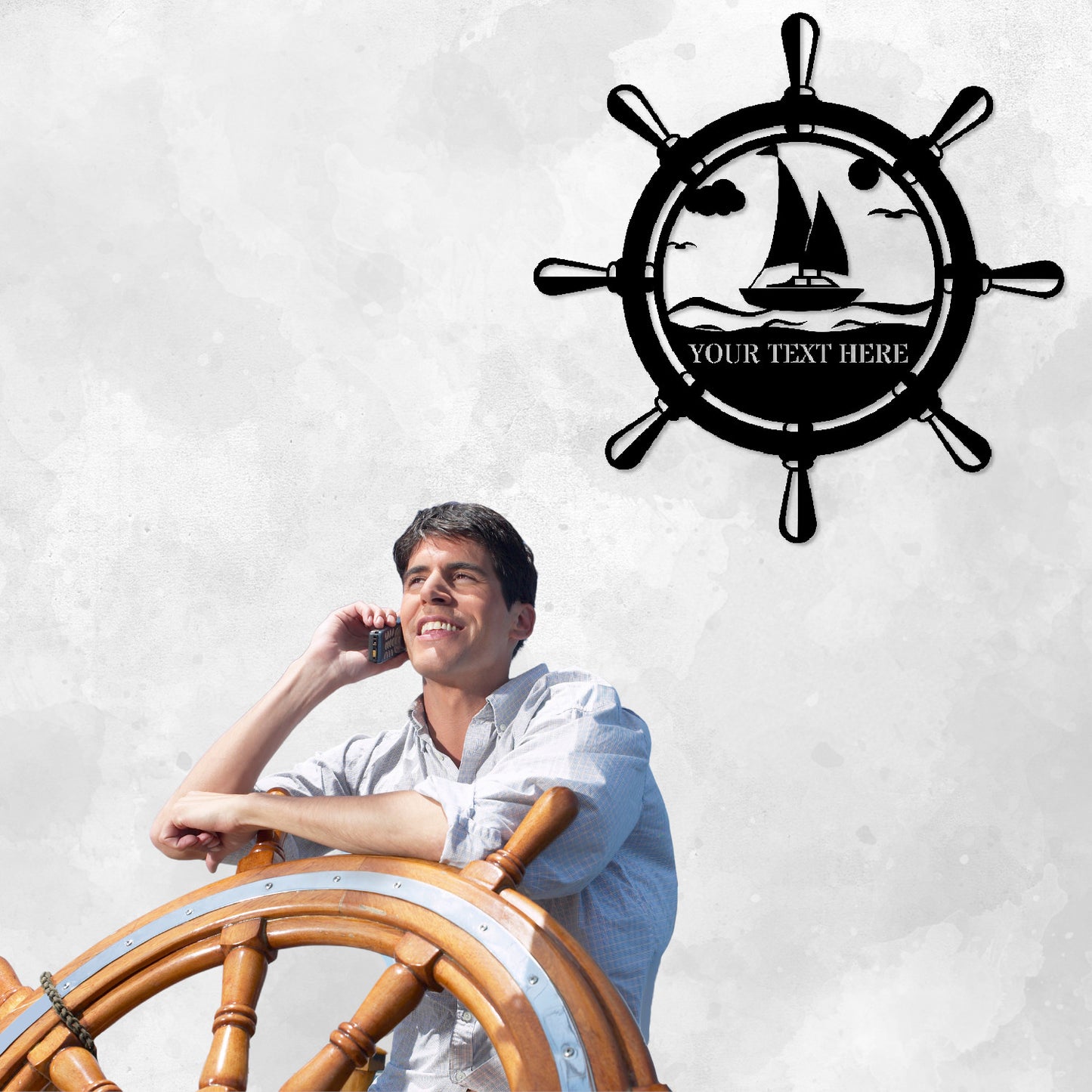 30 Inch Personalized Sailor Helm Name Metal Sign Decor In Black With Custom Text