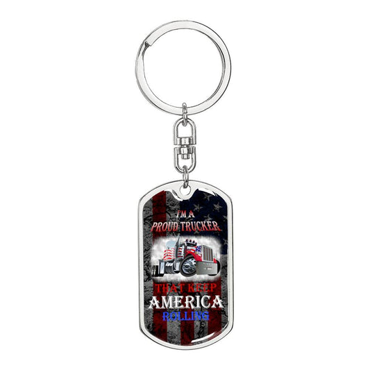 Proud American Trucker Engraved Keychain