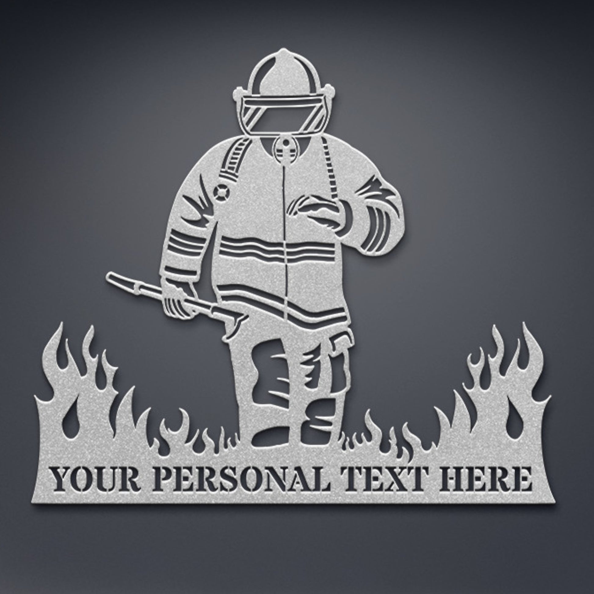 Personalized Fireman In Flames Name Metal Sign Gift In Silver