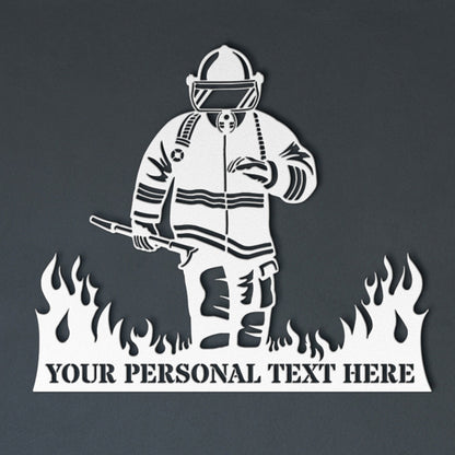 Personalized Fireman In Flames Name Metal Sign Gift In White