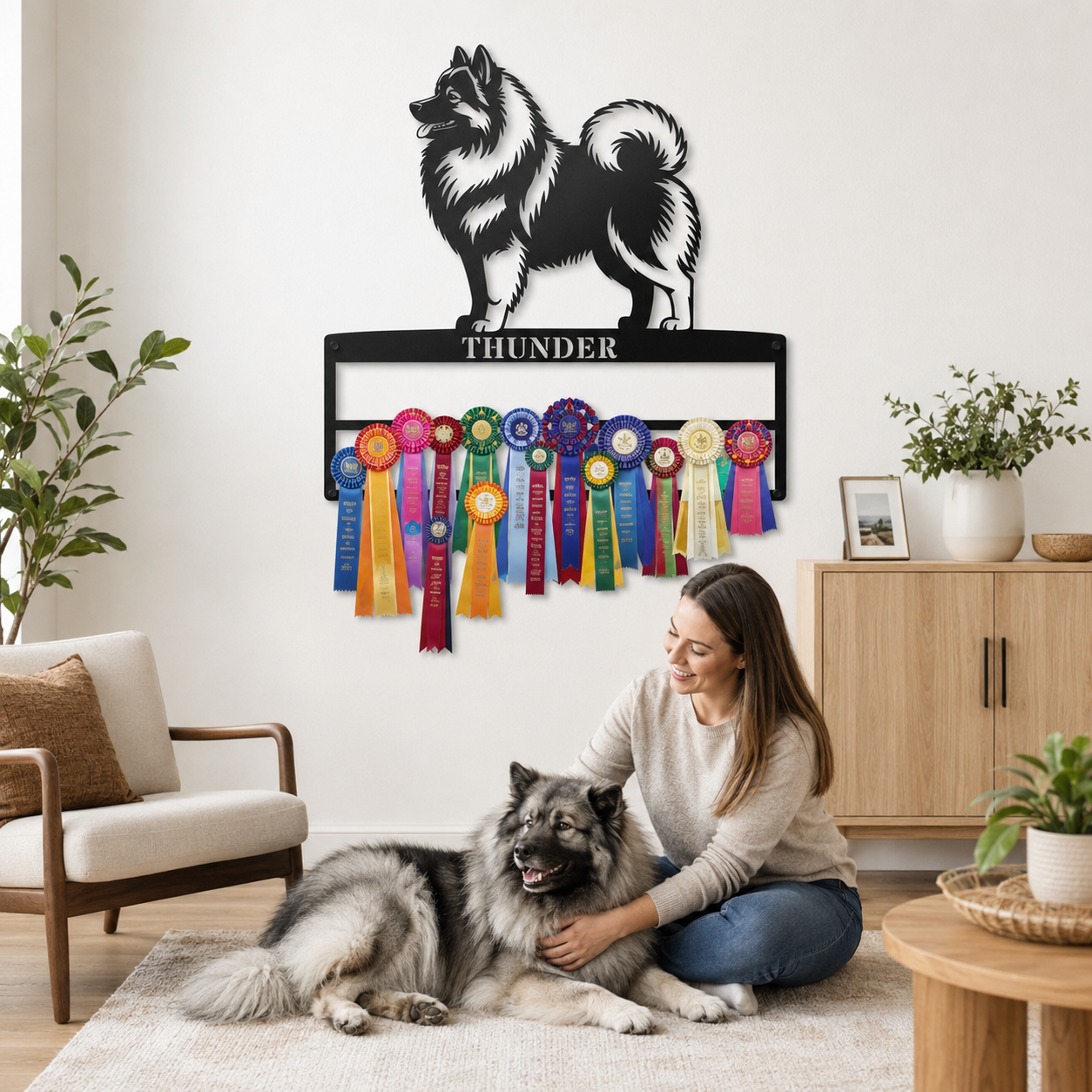 Personalized Keeshond Rosette Metal Sign Display. Custom Wolfspitz Champion Wall Decor.