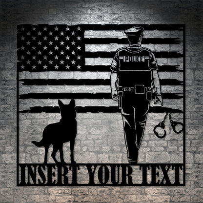 Personalized American Police Officer And K9 Dog Name Metal Sign. Custom Patriotic Police Force Wall Decor. US Police Officer Monogram Gift
