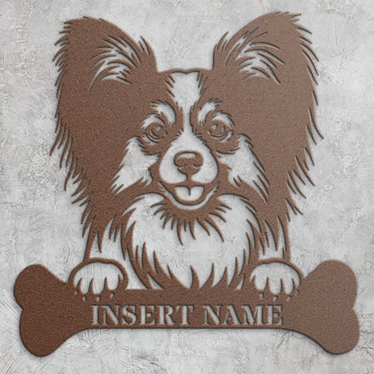 Personalized Papillon With Bone Name Metal Sign. Funny Custom Dog Wall Decor Gift