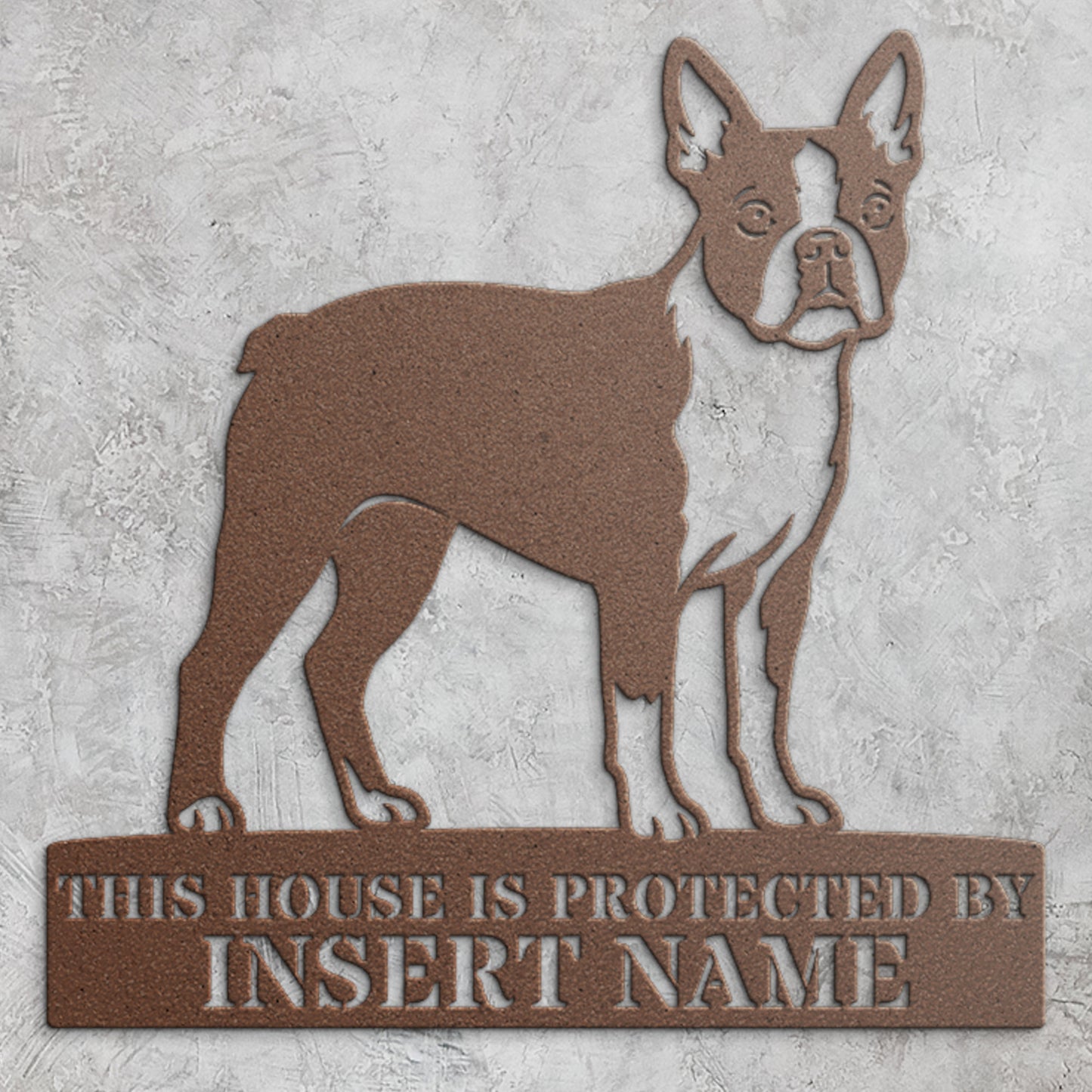 Personalized Boston Terrier Guard Metal Sign. Custom Dog Protect Name Wall Decor