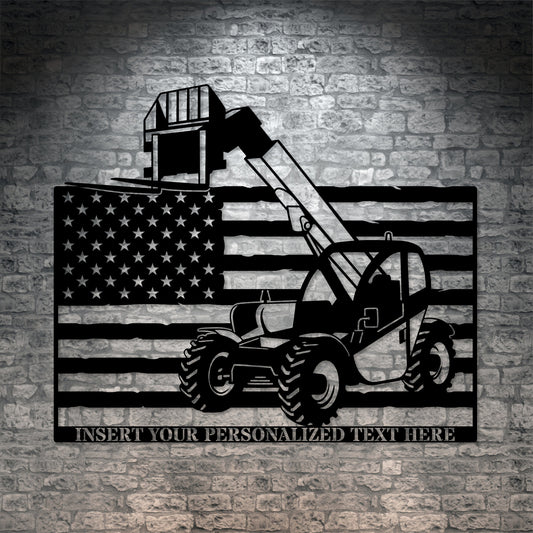 Personalized American Telehandler Metal Sign. Custom Telescopic Forklift Wall Decor Gift. Heavy Machinery Wall Hanging. Construction Worker