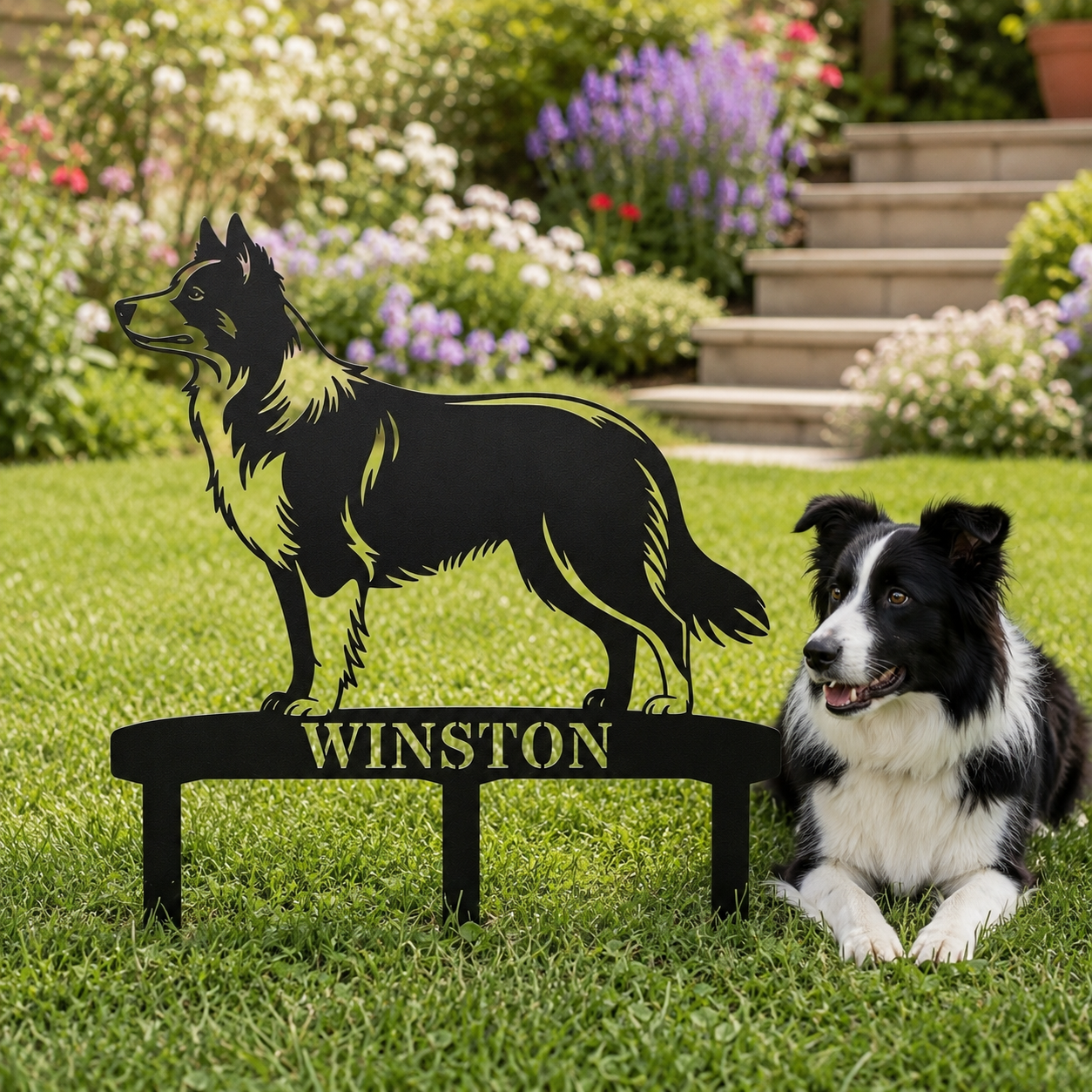Personalized Border Collie Garden Metal Sign With Stakes. Custom Dog Lover Name Gift