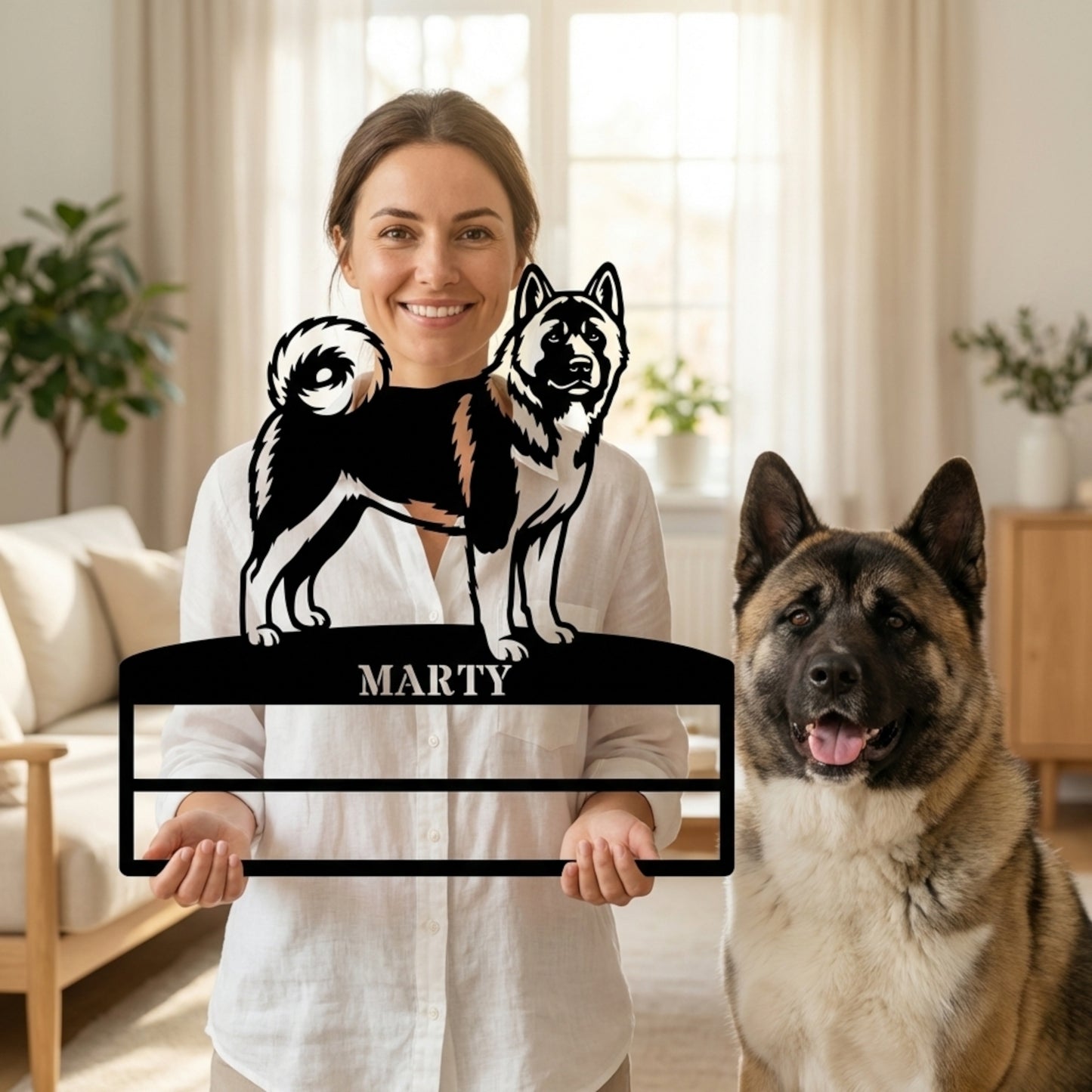 Personalized American Akita Rosette Name Metal Sign. Custom Dog Champion Display