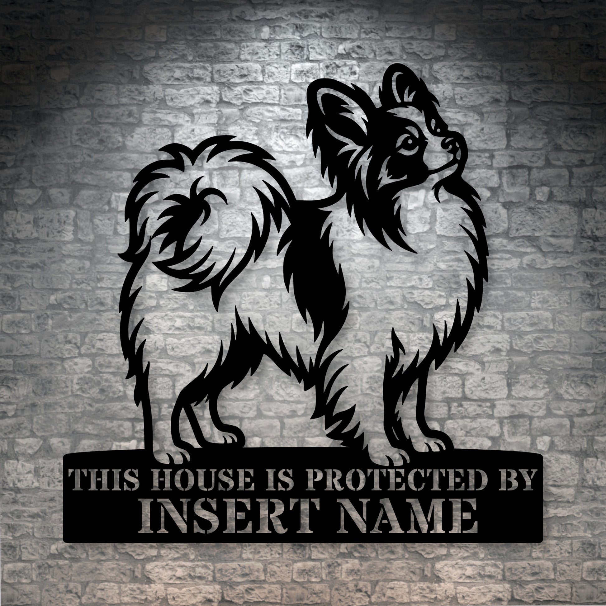 Personalized Papillon Dog Guard Metal Sign. Custom Dog Protect Name Wall Decor