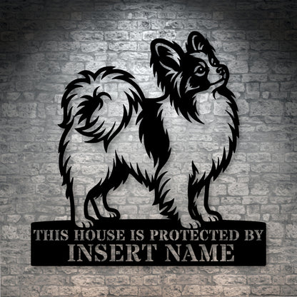 Personalized Papillon Dog Guard Metal Sign. Custom Dog Protect Name Wall Decor