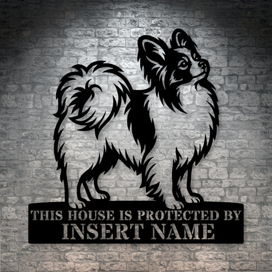 Personalized Papillon Dog Guard Metal Sign. Custom Dog Protect Name Wall Decor