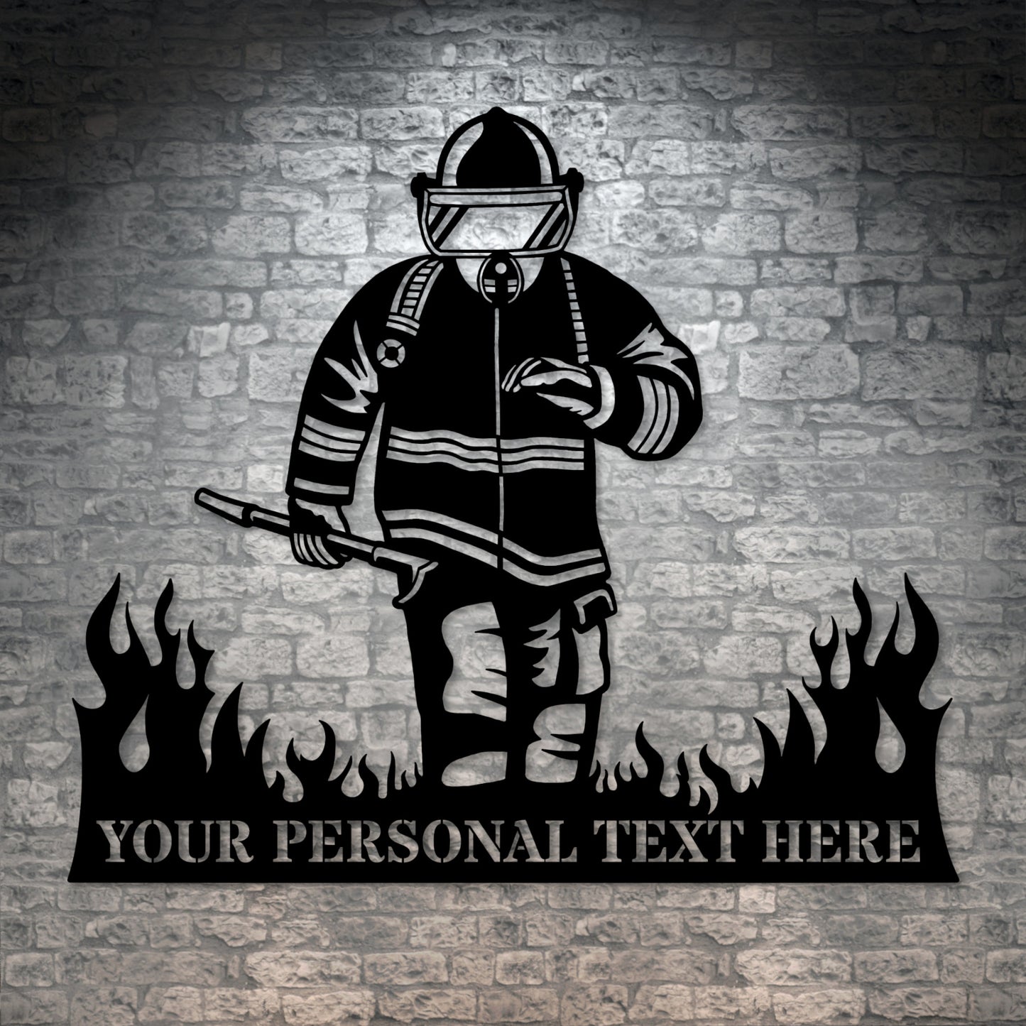 Personalized Fireman In Flames Name Metal Sign Gift In Black