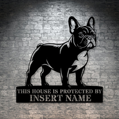 Personalized French Bulldog Guard Metal Sign. Custom Dog Name Wall Decor