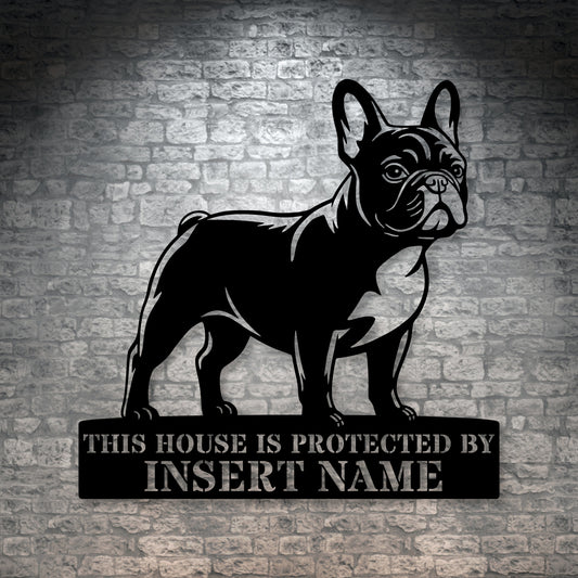 Personalized French Bulldog Guard Metal Sign. Custom Dog Name Wall Decor
